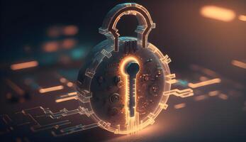 Padlock with Keyhole in data security on circuit. Modern safety digital Concept. . photo