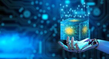 Businessman hand holding Ai Cube computing technology. Cloud data and Internet Security. . photo
