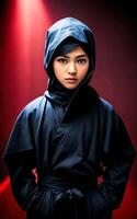 mujer en negro ninja traje a oscuro habitación, generativo ai foto