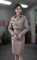 asian woman Thai teacher at school in khaki suit uniform, photo