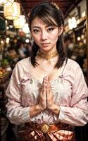 asian woman do sawasdee or prayer pose at the market, photo