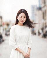 asian working woman pose for a picture at outdoor park , photo