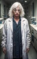 crazy researcher scientist in dirty white lab coat at dirty messy laboratory room, photo