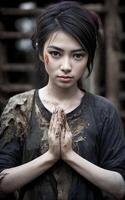 poor asian woman sawasdee raises hands together in a prayer pose , photo