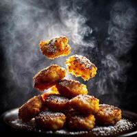 close up of food photography fried chicken stick with black background , photo