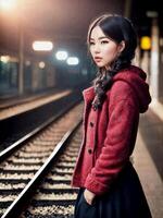 beautiful asian woman at hi speed train station, photo