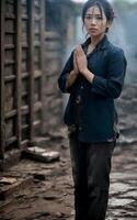 poor asian woman sawasdee raises hands together in a prayer pose , photo