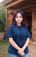 hermosa mujer vistiendo tradicional tailandés azul camisa con corto mangas morhom, generativo ai foto
