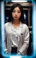 científico investigador asiático mujer vistiendo laboratorio Saco a laboratorio, generativo ai foto