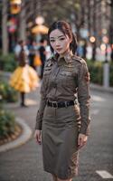 hermosa asiático Tailandia policía mujer a calle, generativo ai foto