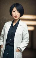 científico investigador asiático mujer vistiendo laboratorio Saco a laboratorio, generativo ai foto