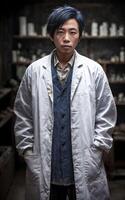 scientist researcher wearing ripped lab coat at laboratory, photo