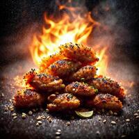 close up of food photography fried chicken stick with black background , photo