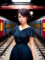 beautiful asian woman at hi speed train station, photo