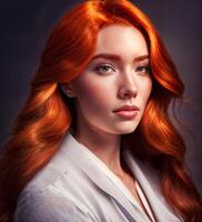 portrait of beautiful woman with ginger hair with light, photo