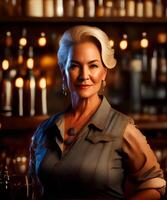 retrato foto de medio Envejecido barman americano mujer a occidental bar, generativo Arte por ai
