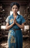 poor asian woman sawasdee raises hands together in a prayer pose , photo