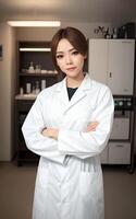 asiático mujer investigador científico vistiendo laboratorio abrigo, generativo ai foto