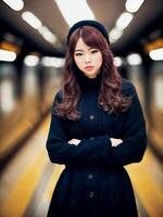 beautiful asian woman at hi speed train station, photo