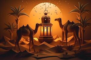 Eid Al Adha Background Template Golden Themed With Camel And Lantern. photo