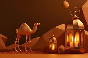 Eid Al Adha Background Template Golden Themed With Camel And Lantern. photo