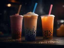 milk tea with bubble tapioca pearls on black background, photo