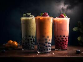 milk tea with bubble tapioca pearls on black background, photo