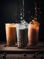 milk tea with bubble tapioca pearls on black background, photo