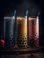 milk tea with bubble tapioca pearls on black background, photo