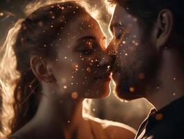 couple kissing with golden fairy dust background. Soulmate valentine wallpaper, photo