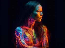 beauty woman with neon fire dress in the style of bioluminescent art, photo