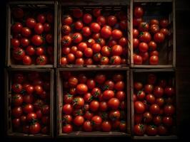 tomato harvest in wooden basket, photo