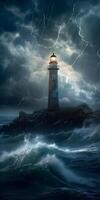 lighthouse during storm, harbor landscape with storm and lightning, wallpaper. photo