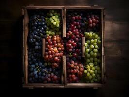 grape harvest in wooden basket, photo