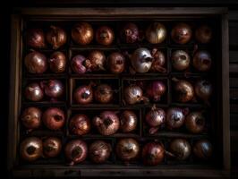 harvest of shallots in a wooden basket. photo