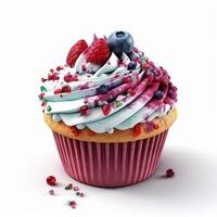 A cupcake with a pink frosting and blueberries on it photo