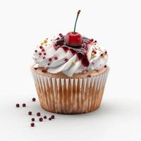 A cupcake with white frosting and cherry and red sprinkles on top photo