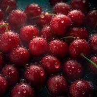 A lot of fresh cherry filling full frame little waterdrops professional photography photo