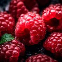 cerca arriba foto con Fresco rojo frambuesas con pequeño gotas de agua profesional fotografía ai generado