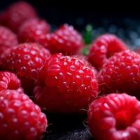 cerca arriba foto con Fresco rojo frambuesas con pequeño gotas de agua ai generado