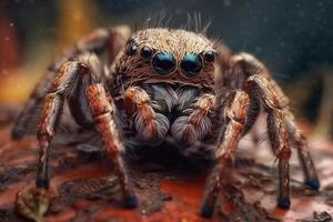 A spider with big eyes sits on a red surface. ai generated photo