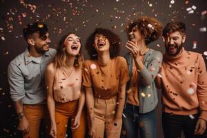 un grupo de personas son riendo y teniendo papel picado arrojado alrededor a ellos. ai generado foto