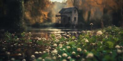 un casa por el río. ai generado foto