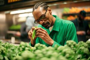 A man in a green shirt is holding a piece of broccoli in front of a produce section. photo