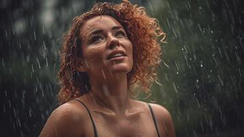 un mujer en pie en el lluvia mirando arriba a el cielo y el palabras lluvia en el Derecha lado. ai generado foto