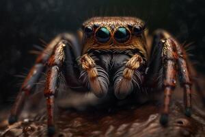A spider with big eyes sits on a brown surface. ai generated photo