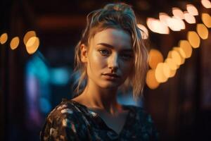 A woman stands in front of a blurred background with lights in the background. photo