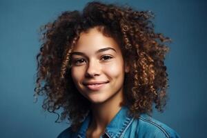 A woman with curly hair smiles in a blue denim jacket. photo