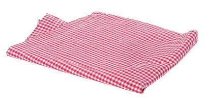 Folded cotton red and white kitchen tablecloth on a white isolated background photo