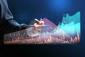 Holographic graph with growing indicators and a man's hand. Business growth concept, profitable startup, profitable business strategy, sales increase. High performance photo